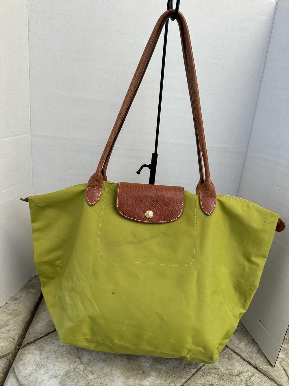 Longchamp USED Green Tote with Brown Trim